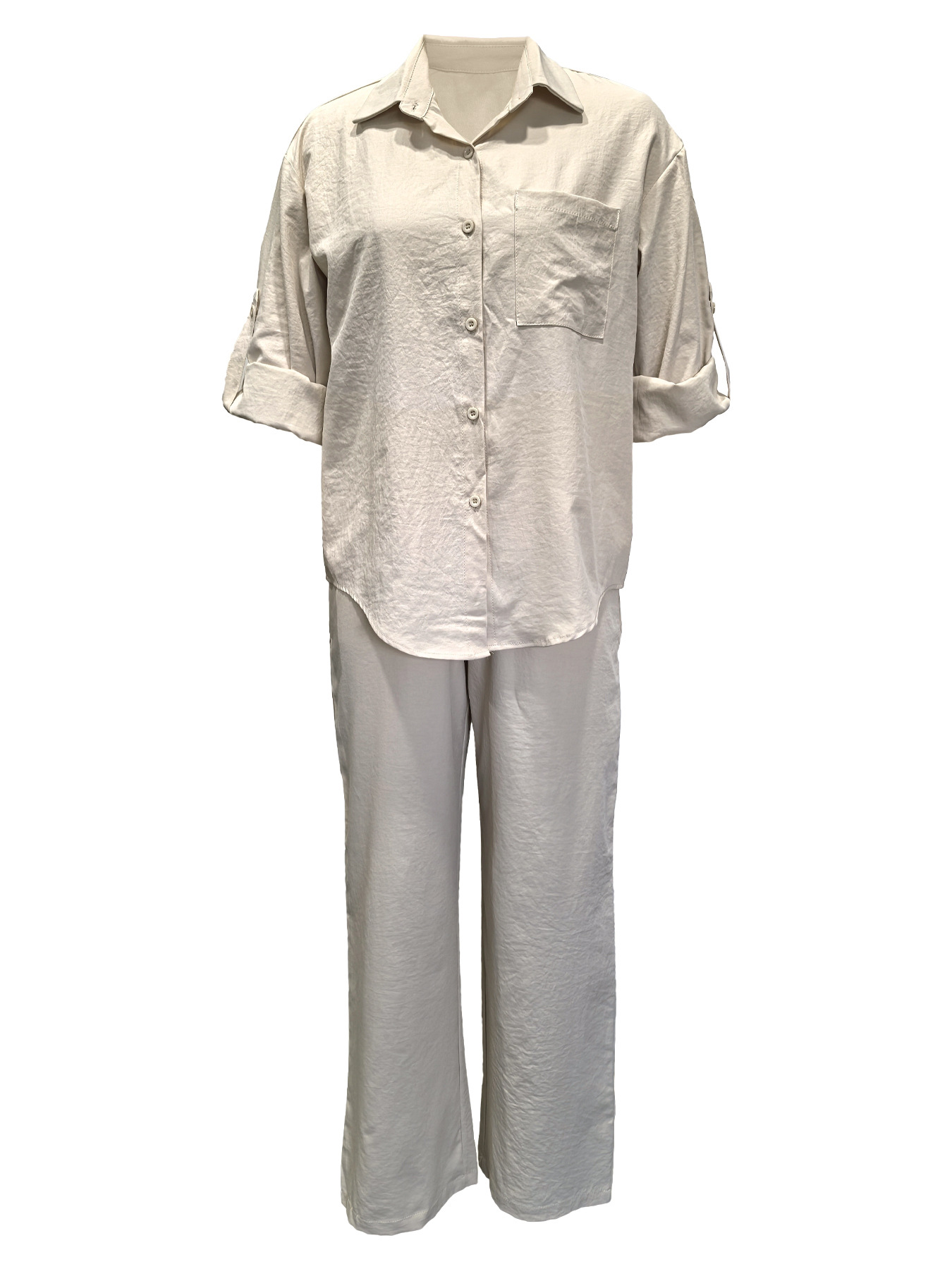 Women's Fashion Casual Turndown Collar with Patch Pockets Shirt and Pants Two-Piece Set