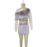 Women's Fashion Tight Fitting Sexy Velvet Slash Shoulder Top Bodycon Mini Skirt Two-Piece Set