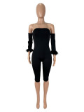 Women's Sexy Strapless Low Back Long Sleeve Plush Solid Color Tight Fitting Short Jumpsuit