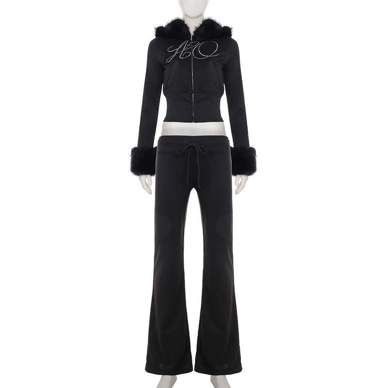 Women's Autumn Winter Casual Fuzzy Long Sleeve Letter Beaded Zip-Up Hoodies Joggers Two-Piece Pants Set
