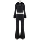 Women's Autumn Winter Casual Fuzzy Long Sleeve Letter Beaded Zip-Up Hoodies Joggers Two-Piece Pants Set