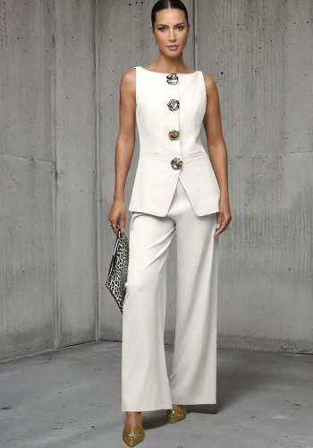 Women's Fashion Gold Button Vest and Pants Two-Piece Casual Suit