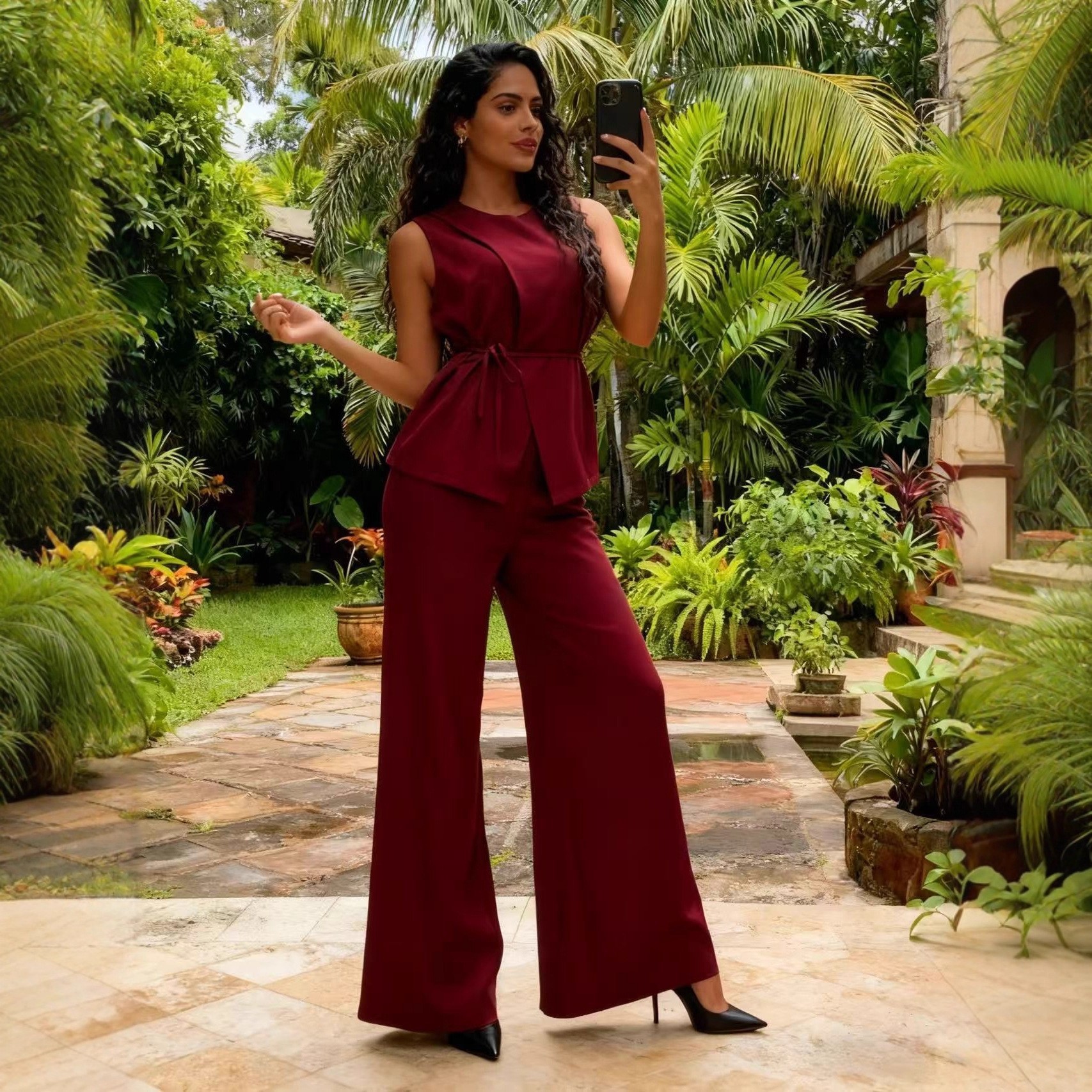 Women's Multi-Color Sleeveless Slim Waist Vest and Wide Leg Pants Chic Career Linen Suit