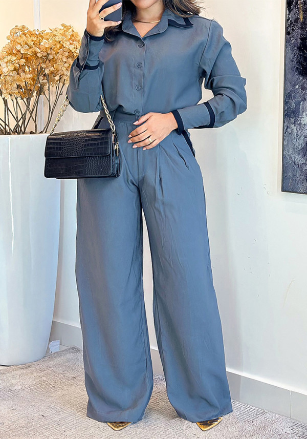 Women's Fashion Patchwork Turndown Collar Long Sleeve Two-Piece Pants Set