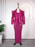 Women's African Fashion Sequin Sleeveless Dress Blazer Set