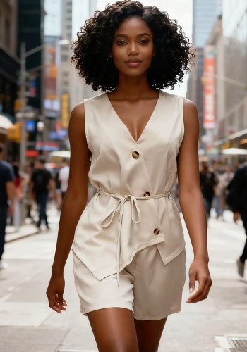 Women's Summer Sleeveless V-Neck Slim Waist Vest and Shorts Chic Career Casual Two-Piece Set