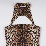 Women's Sexy Cut-Out Halter Neck Fuzzy Patchwork Leopard Print Nightclub Style Sleeveless Slim Bodycon Dress