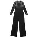 Women Sexy See-Through Mesh Beaded Long-Sleeve Jumpsuit
