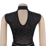 Women Sexy See-Through Mesh Beaded Top and Skirt Two-Piece Set