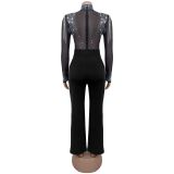 Women Sexy See-Through Mesh Beaded Long-Sleeve Jumpsuit