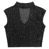 Women Sexy See-Through Mesh Beaded Top and Skirt Two-Piece Set