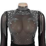 Women Sexy See-Through Mesh Beaded Long-Sleeve Jumpsuit