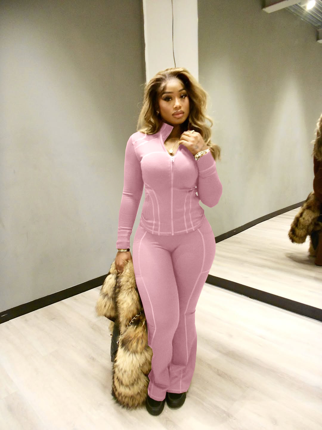 Women Casual Sexy Long-Sleeved Top and Bell Bottom Pant Two-Piece Set