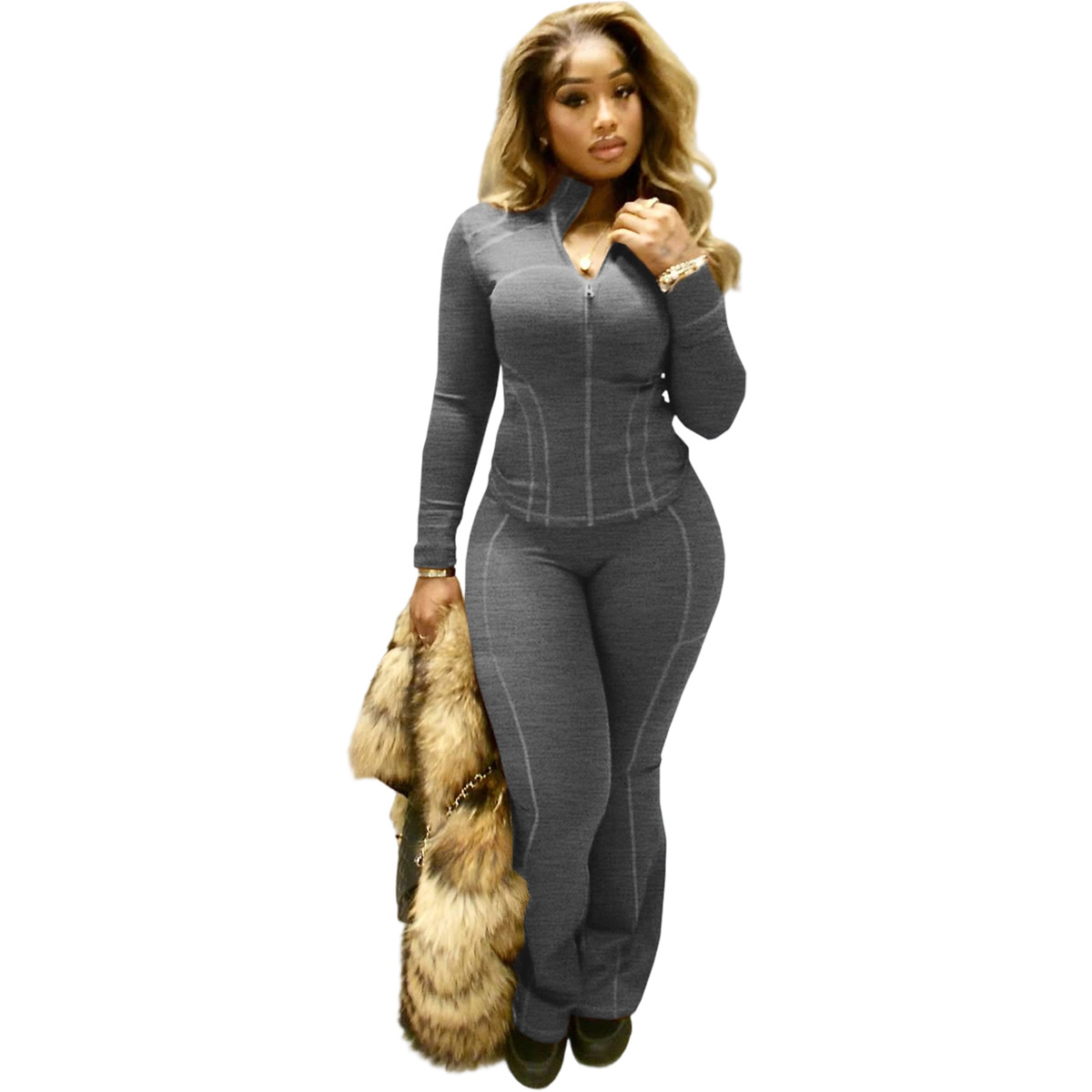 Women Casual Sexy Long-Sleeved Top and Bell Bottom Pant Two-Piece Set