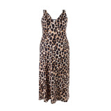 Plus Size Women Leopard Print V-Neck Summer Strap Maxi Dress