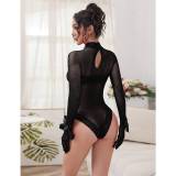 Sexy Stretch See-Through Fishnet Ribbon Bodysuit Long-Sleeved Hollowed-Out Bodysuit Lingerie