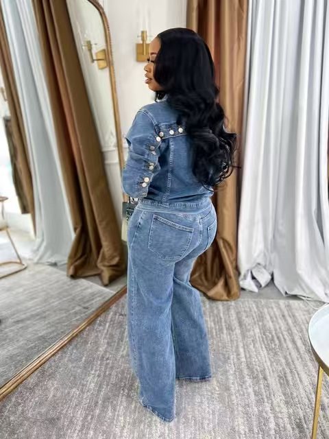 Women Sexy Stretch Denim Top and Pant Casual Two-Piece Set