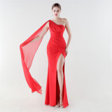 Women One-Shoulder Flowing Ribbon Slit Mermaid Evening Dress