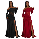 Women Sexy Strapless Long-Sleeve Slit Dress