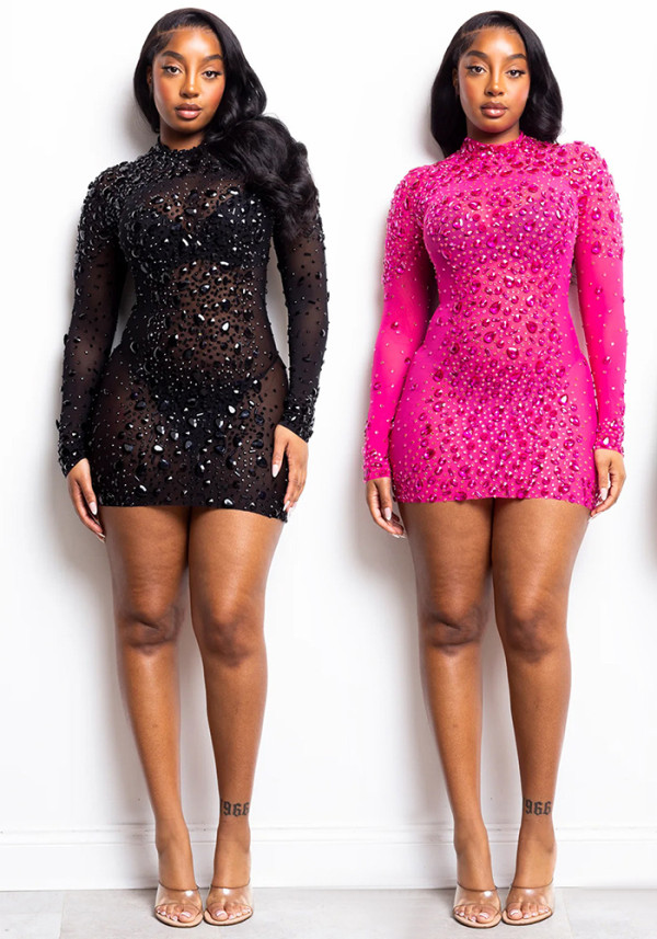 Women Sexy See-Through Mesh Beaded Dress