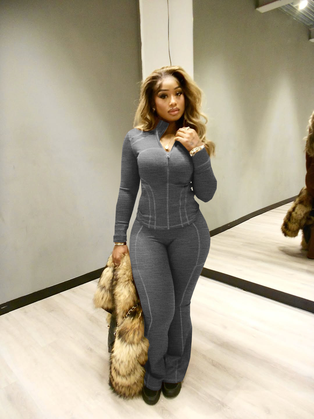 Women Casual Sexy Long-Sleeved Top and Bell Bottom Pant Two-Piece Set