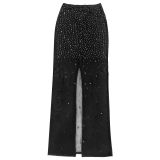 Women Sexy See-Through Mesh Beaded Top and Skirt Two-Piece Set