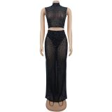 Women Sexy See-Through Mesh Beaded Top and Skirt Two-Piece Set