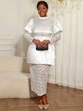 Plus Size Women puff sleeve lace belt mock neck elegant lace top and skirt two-piece set