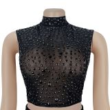 Women Sexy See-Through Mesh Beaded Top and Skirt Two-Piece Set