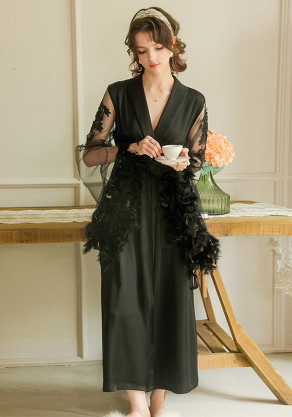 Women Feather Lace Patchwork Lounge Robe