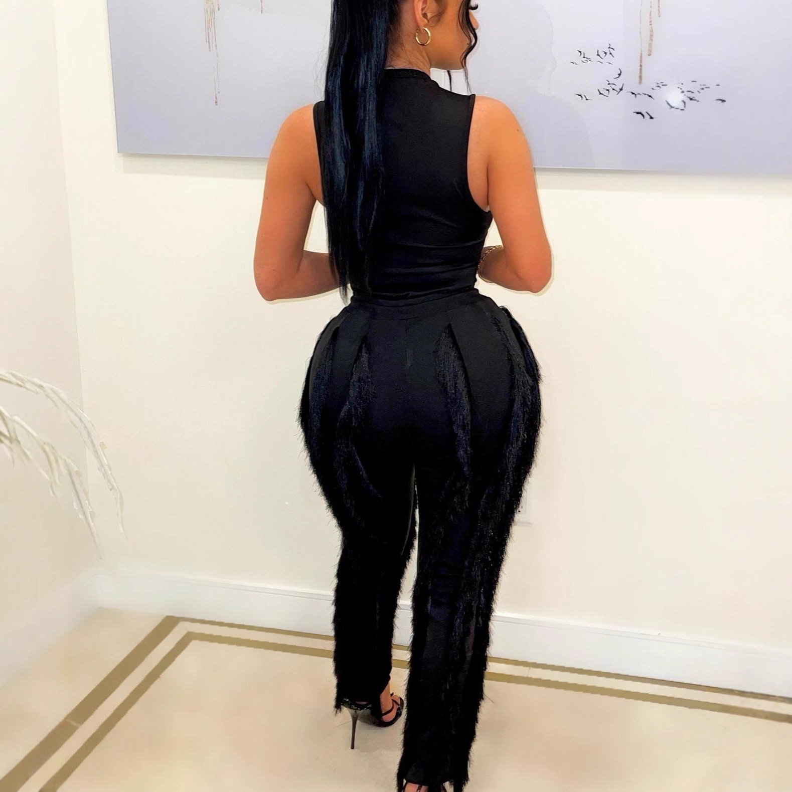 Women Fringe Sleeveless Top and Fringe Patchwork Pants Two-Piece Set