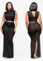 Women Sexy See-Through Mesh Beaded Top and Skirt Two-Piece Set