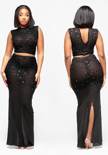 Women Sexy See-Through Mesh Beaded Top and Skirt Two-Piece Set