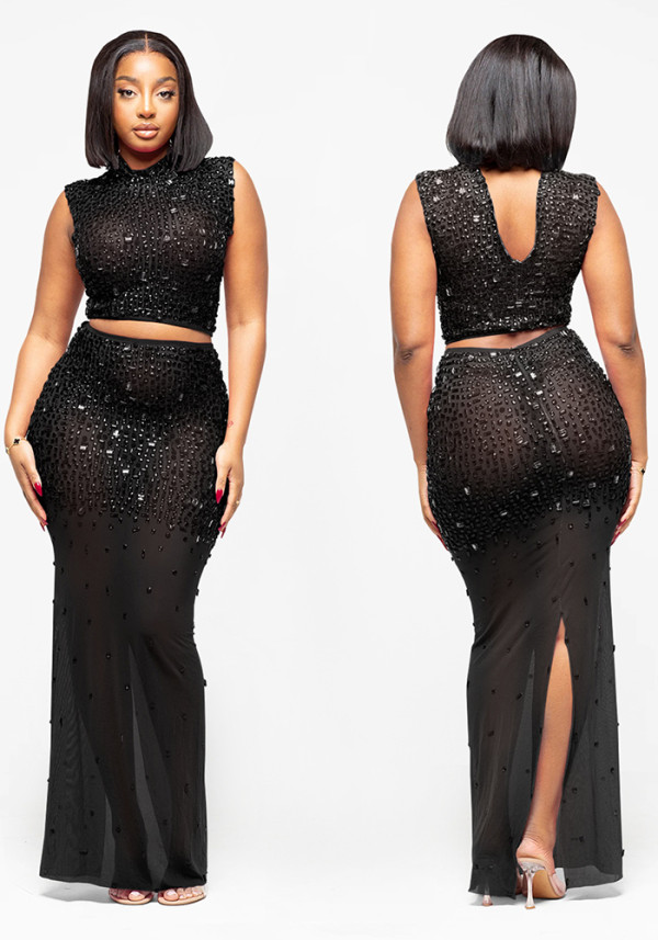 Women Sexy See-Through Mesh Beaded Top and Skirt Two-Piece Set