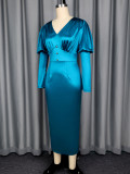 Women elegant V-neck puff sleeve pleated slit Formal Party Dress