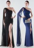 Women One-Shoulder Flowing Ribbon Slit Mermaid Evening Dress