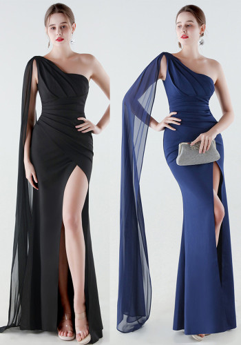 Women One-Shoulder Flowing Ribbon Slit Mermaid Evening Dress
