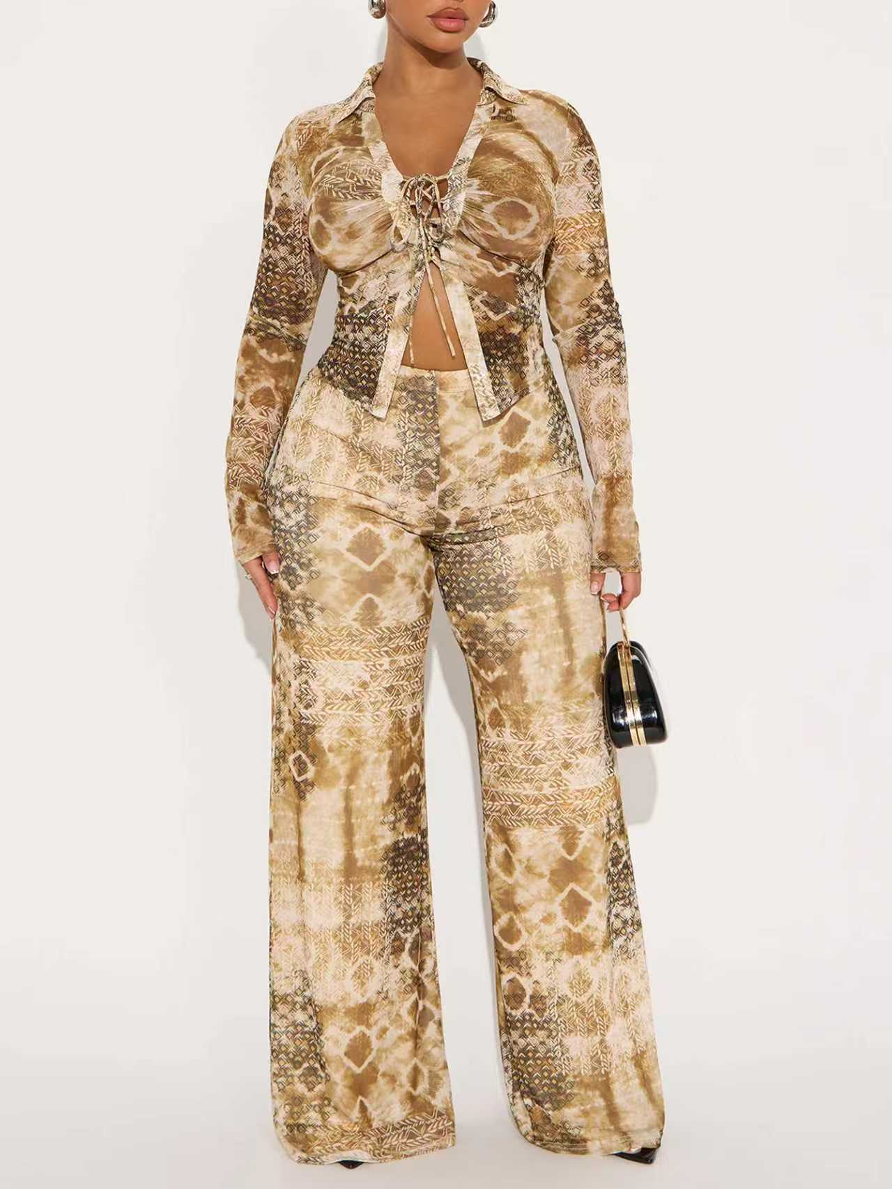 Women Elegant V-Neck Long-Sleeved Top and Pants Two-Piece Set