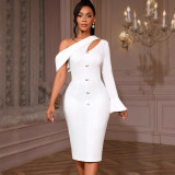 Women Bell Bottom Sleeve Irregular cutout elegant Formal Party Bodycon Dress