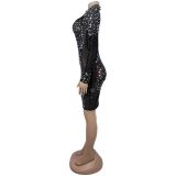 Sexy Long-Sleeved See-Through Mesh Beaded Dress