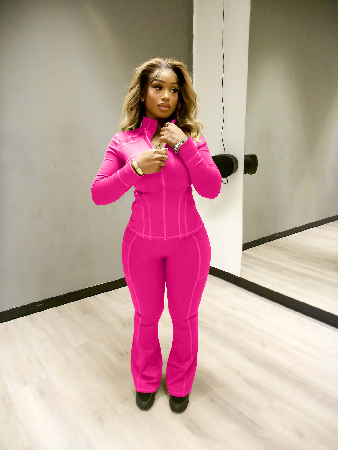 Women Casual Sexy Long-Sleeved Top and Bell Bottom Pant Two-Piece Set