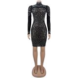 Sexy Long-Sleeved See-Through Mesh Beaded Dress