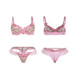 Women Sexy Rose Embroidered Lace Lingerie Two-Piece Set