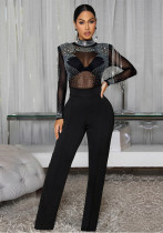 Women Sexy See-Through Mesh Beaded Long-Sleeve Jumpsuit