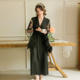 Women Feather Lace Patchwork Lounge Robe
