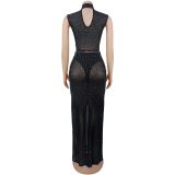 Women Sexy See-Through Mesh Beaded Top and Skirt Two-Piece Set