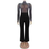 Women Sexy See-Through Mesh Beaded Long-Sleeve Jumpsuit