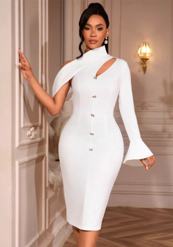 Women Bell Bottom Sleeve Irregular cutout elegant Formal Party Bodycon Dress