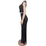 Women Sexy See-Through Mesh Beaded Top and Skirt Two-Piece Set