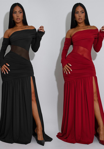 Women Sexy Strapless Long-Sleeve Slit Dress
